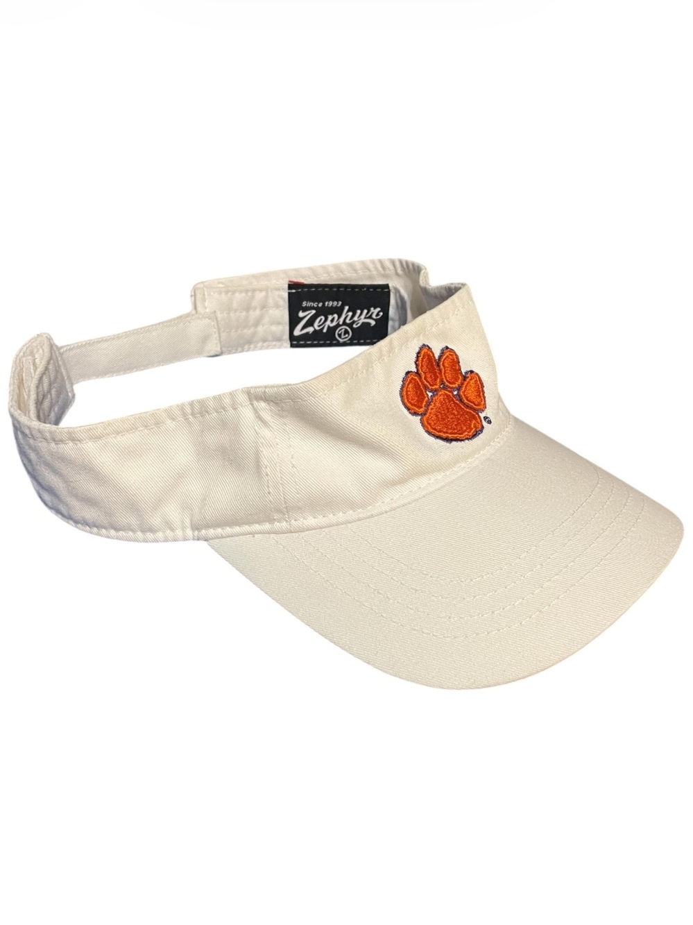 Clemson Tigers Visor Hat by Zephyr, White, Adjustable, New Without Tags